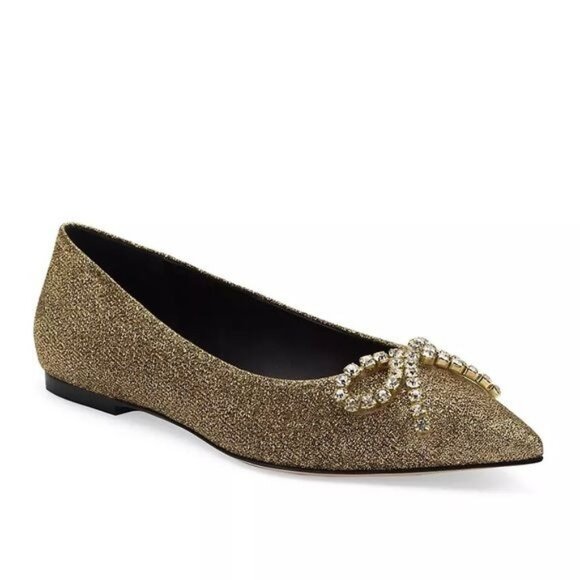Larroude Lee Crystal-Embellished Lurex Pointed Flats in Gold Size 6 - Picture 1 of 14